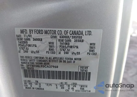 2003 Ford F-150 Xl/Xlt z USA, uszkodzony, nr VIN 2FTRF08L93CA37968